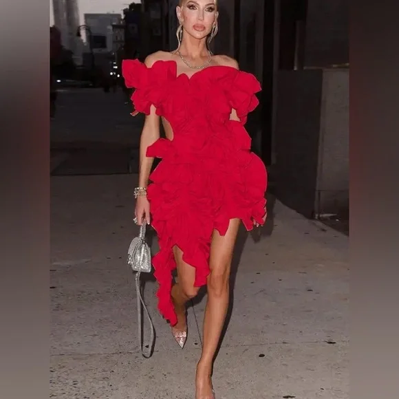 Elegant Ruffle Statement Mini Dress – Off-Shoulder Layered Halter Cocktail Dress - Picture 3 of 13